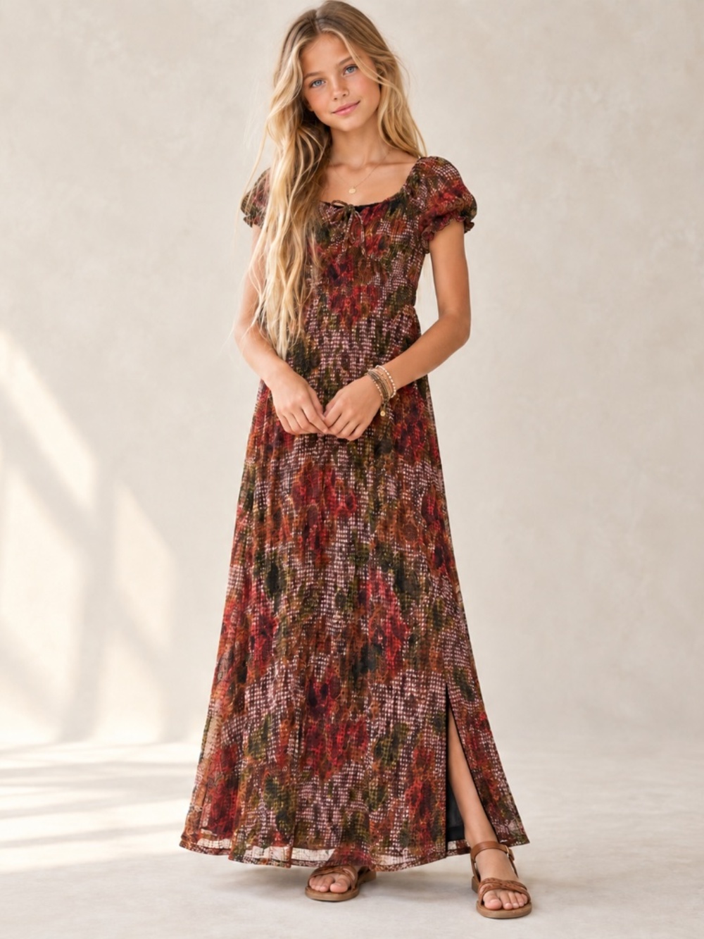 GB Girls XL 16 Floral Lace Overlay Maxi Dress Milkmaid Puff Sleeve NWT